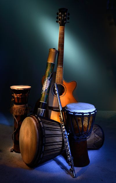 guitar, drums, musical instruments